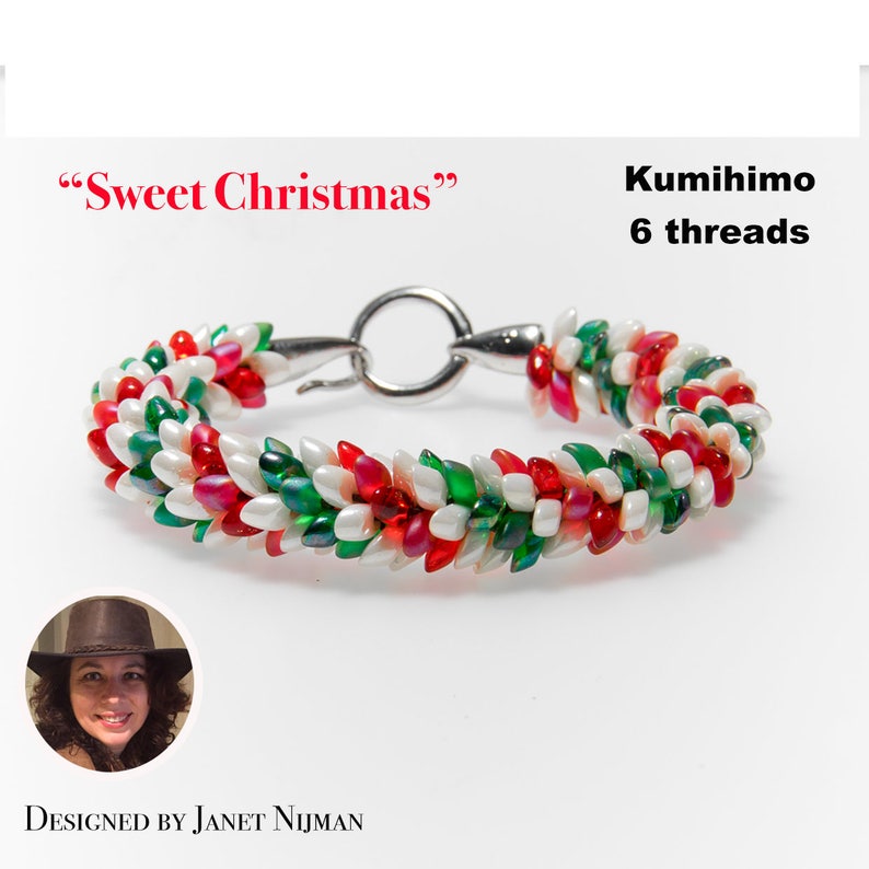 May include: A red, white, and green beaded bracelet with a silver clasp. The bracelet is made using the kumihimo technique and is labeled "Sweet Christmas" and "6 threads".