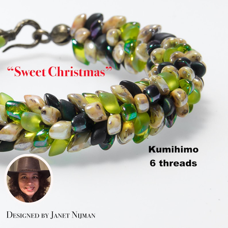 May include: A green, black, and cream beaded bracelet with the text "Sweet Christmas" and "Kumihimo 6 threads".