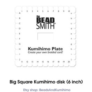 May include: A white plastic Kumihimo plate with the text "the BEAD SMITH" and "Kumihimo Plate Create your own braided cord!" The plate is 15 cm in diameter and has a grid of 20 squares.