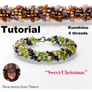 May include: A tutorial for a "Sweet Christmas" bracelet made with green, black, and white beads. The bracelet is made using the Kumihimo technique with 6 threads.