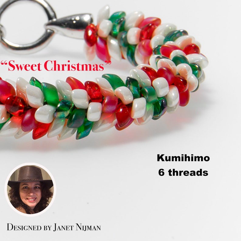May include: A red, white, and green beaded bracelet with a silver clasp. The bracelet is made using the kumihimo technique with 6 threads. The text "Sweet Christmas" is written on the image.