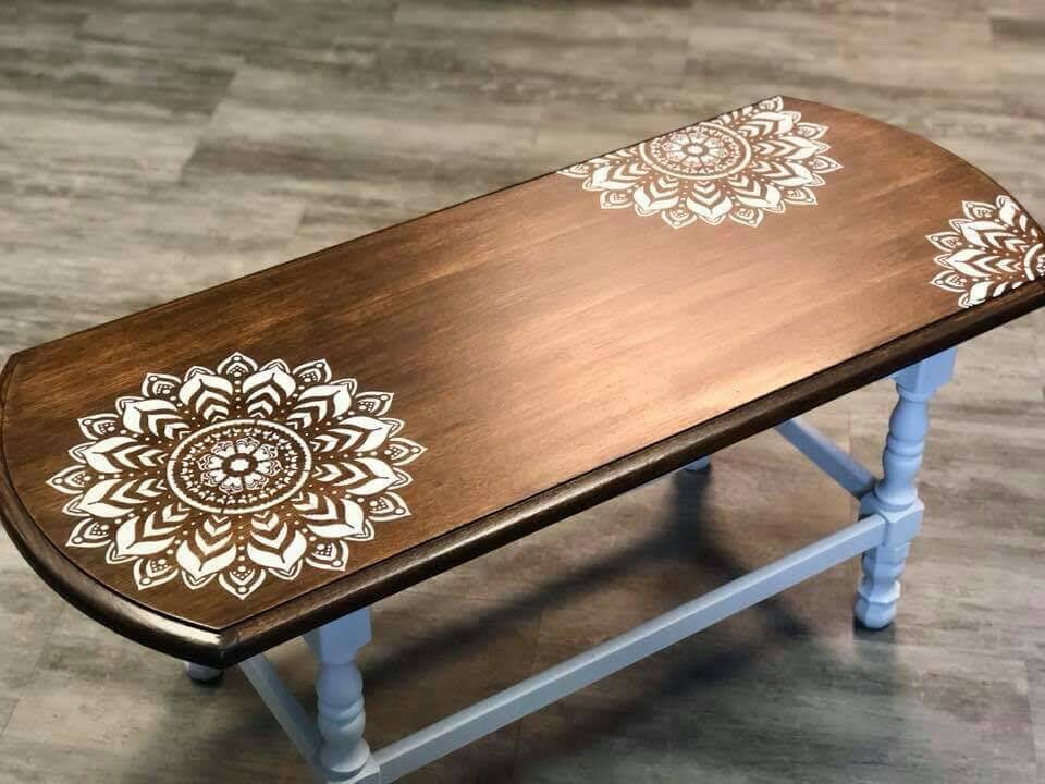 Coffee Table Dark Stain White Paint With Mandala Stencil 50