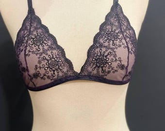 Embroidered Floral Lingerie Set, Purple Tulle Black Lace Bralette Thong