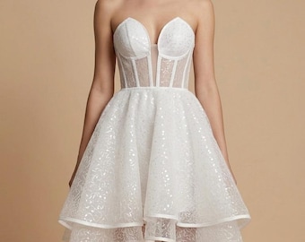 Convertible Sequin Tulle Wedding Dress, Corset Mini Bridal Outfit