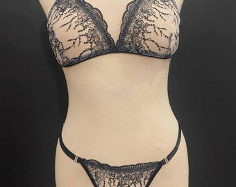 Black Botanical Embroidery Lingerie Set, Sheer White Tattoo Lace Bralette Thong (Made to Order)