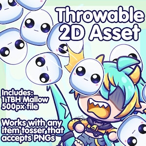 May include: A blue and white cartoon character with a yellow shirt and a crown throws a blue and white marshmallow. The text "Throwable 2D Asset" is at the top of the image. The text "Includes: 1TBH Mallow 500px file" is at the bottom left of the image. The text "Works with any item tosser, that accepts PNGS" is at the bottom right of the image.