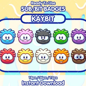May include: A collection of colorful cartoon character badges in various colors, including blue, pink, gray, green, purple, red, yellow, white, orange, and brown. The text "Ready To Use SUB/BIT BADGES KAYBIT Instant Download" is displayed.