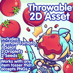 May include: A digital asset graphic featuring cartoon tomatoes, droplets, and seeds. The text reads "Throwable 2D Asset" and lists included items: whole tomato, splat, droplets, and seeds. The asset works with any item tosser that accepts PNGs.
