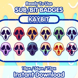 May include: A set of 10 digital badges featuring a screaming face in various colors, including red, green, blue, yellow, and white. The badges are available in three sizes: 18px, 36px, and 72px. The text "Ready To Use", "SUB/BIT BADGES", "KAYBIT", "18px/36px/72px", and "Instant Download" is also included in the image.