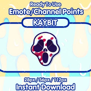May include: A digital illustration of a white ghost face with red blood splatters. The image is set against a blue and yellow background with the text "Ready To Use Emote/Channel Points KAYBIT 28px/56px/112px Instant Download".
