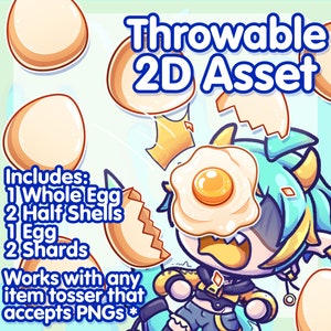 Puede incluir: Un personaje de dibujos animados con cabello azul y una camisa amarilla está siendo golpeado por un huevo roto. La imagen incluye texto que dice "Throwable 2D Asset" y "Includes: 1 Whole Egg 2 Half Shells 1 Egg 2 Shards Works with any item tosser that accepts PNGS*"