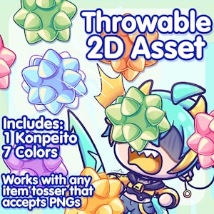 May include: A colorful 2D asset of a Konpeito, a Japanese candy, in seven different colors. The asset is labeled "Throwable 2D Asset" and "Includes: 1 Konpeito 7 Colors". The text "Works with any item tosser that accepts PNGs" is also included.