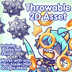 Puede incluir: Una ilustración digital de un personaje azul y amarillo lanzando una bola con pinchos y anillos dorados. El texto "Throwable 2D Asset" está en la parte superior de la imagen. El texto "Includes: 1 Spike Ball 3 Rings" está en el lado izquierdo de la imagen. El texto "Works with any item tosser that accepts PNGS" está en el lado izquierdo de la imagen.