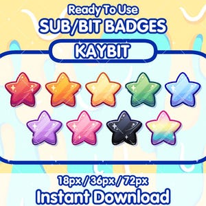Peut inclure: Ensemble de neuf badges en forme d'étoile de différentes couleurs, dont le rose, le bleu, le vert, le jaune et l'orange. Les badges sont conçus pour être utilisés sur les chaînes Twitch ou YouTube. Le texte sur l'image est "Ready To Use SUB/BIT BADGES KAYBIT 18px/36px/72px Instant Download".