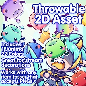 May include: Colorful digital art asset labeled "Throwable 2D Asset." The image features various cartoon-style characters in multiple colors, including blue, green, pink, and purple. Text indicates it includes 1 Junimo in 22 colors, great for stream decorations, and works with any item tosser that accepts PNGs.