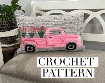 Vintage Truck Crochet Pillow Pattern, May Flowers, Spring (Digital Download)