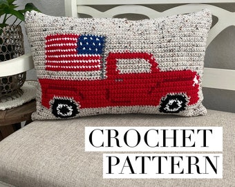 American Patriot Vintage Truck Crochet Pattern, Summer Crochet Pattern, 4th of July Pillow Pattern, 4th of July Crochet Pattern