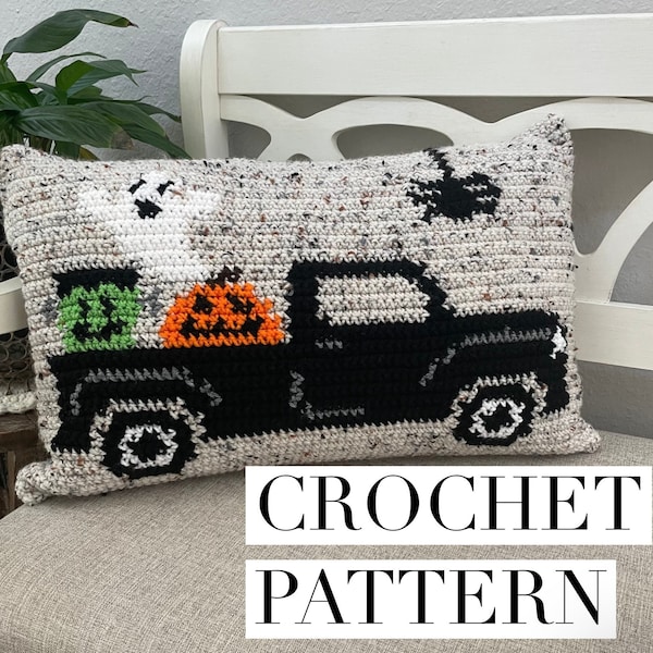 Truck or Treat Crochet Pattern, Halloween Crochet Pattern, Halloween Pillow Pattern, Halloween Crochet Pillow, Halloween Decor