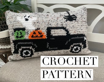 Truck or Treat Crochet Pattern, Halloween Crochet Pattern, Halloween Pillow Pattern, Halloween Crochet Pillow, Halloween Decor