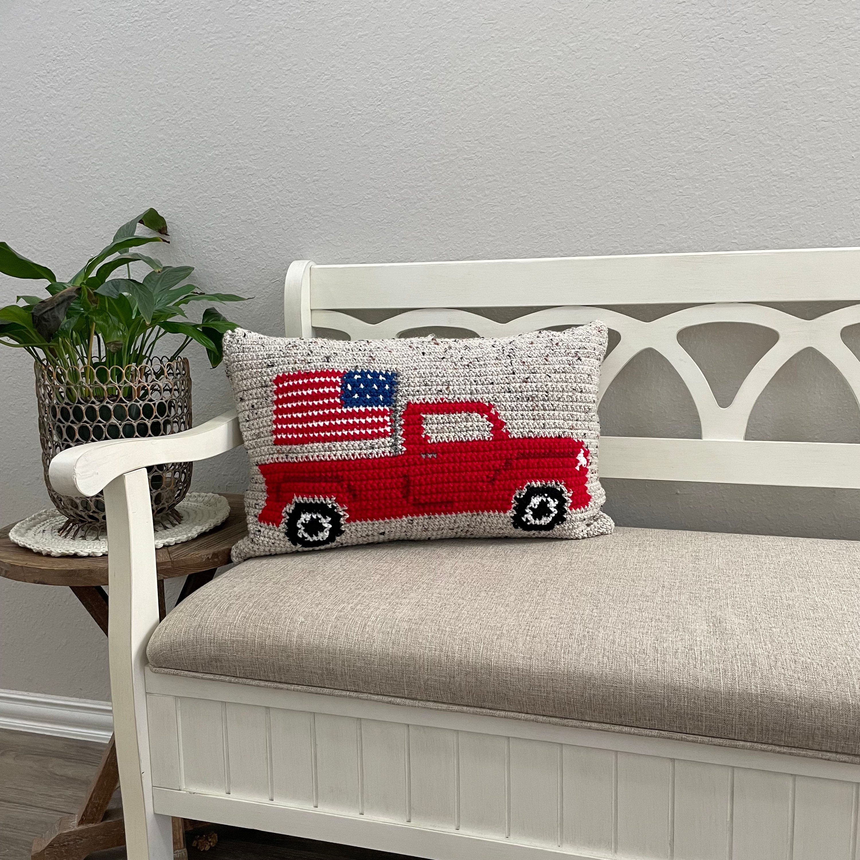 39 American Flag Crochet Patterns to Show Your Patriotic Style 7 Vintage Truck Crochet Pillow