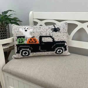 Truck or Treat Crochet Pillow, Halloween Crochet Pillow, Halloween Pillow, Halloween Decor