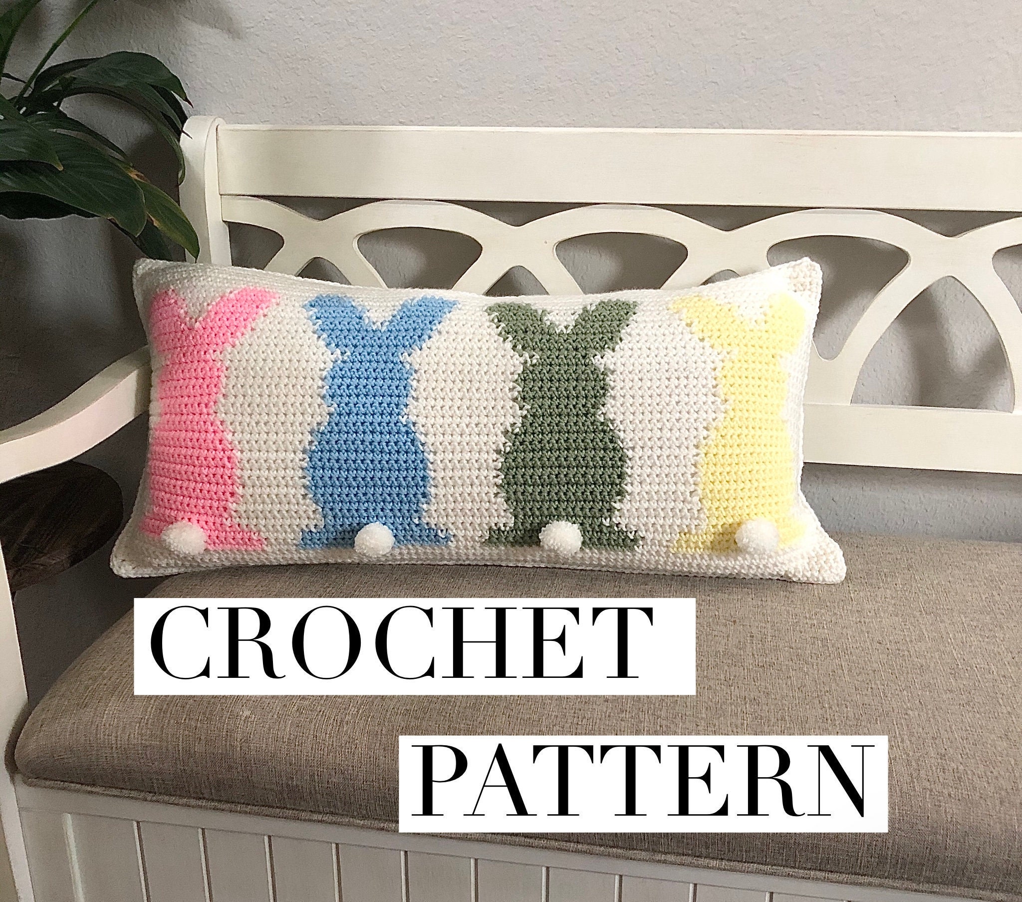 40 Easter Bunny Crochet Patterns for Spring Gifts, Baskets, and Home Decor 14 Hoppy Tails Tapestry Crochet Pillow