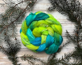 Merino Soy Blend - "Stardew" - Hand Dyed Wool Combed Top - Soft Spinning Fiber - Green Soysilk Roving