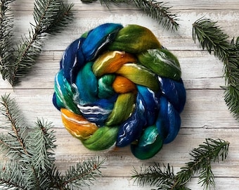 Merino Tencel Blend “Macaw” - Hand Dyed Combed Top - 23 Micron Merino - Spinning Fiber - Wool Roving