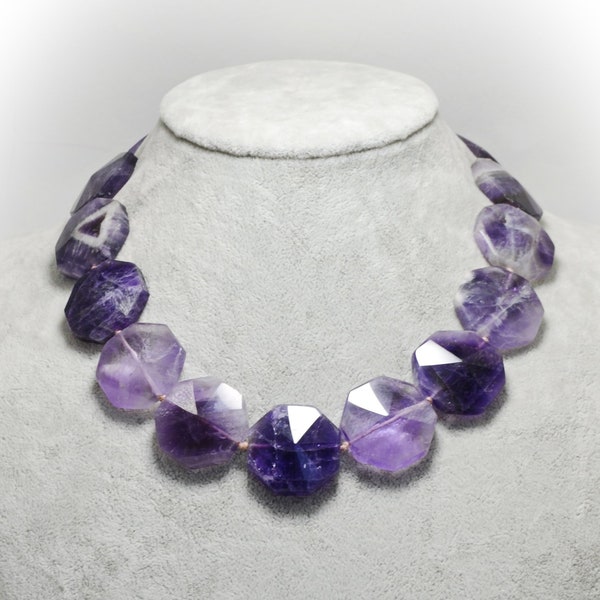 Natural Amethyst Necklace Purple Gemstone Beaded Chunky Necklace Gemstone Big Bead Jewelry Statement Necklace Artisan Jewelry Gifts for Mom