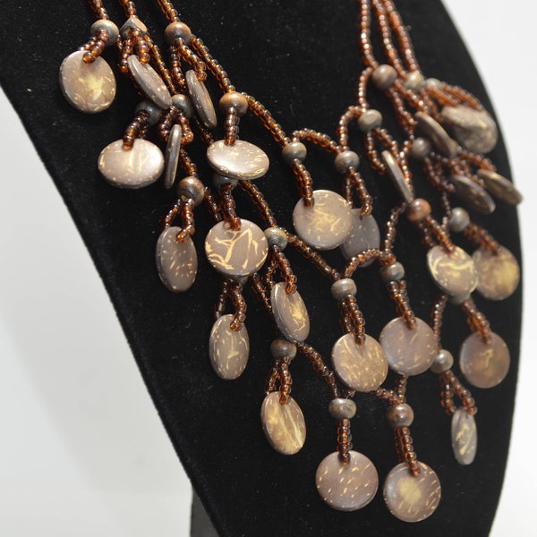 Beaded Coconut Shell Necklace Brown and Beige Multi Strand Layering Necklace Ethnic Statement Coco Wood Beach Jewelry Artisan Jewelry Gifts