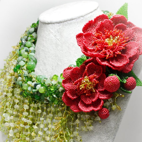 Floral Gemstone Jewelry Set, Green Necklace Red Flower Brooches & Bracelet, Wedding Jewelry Set, Beaded Handwoven Jewelry, Valentine Gift