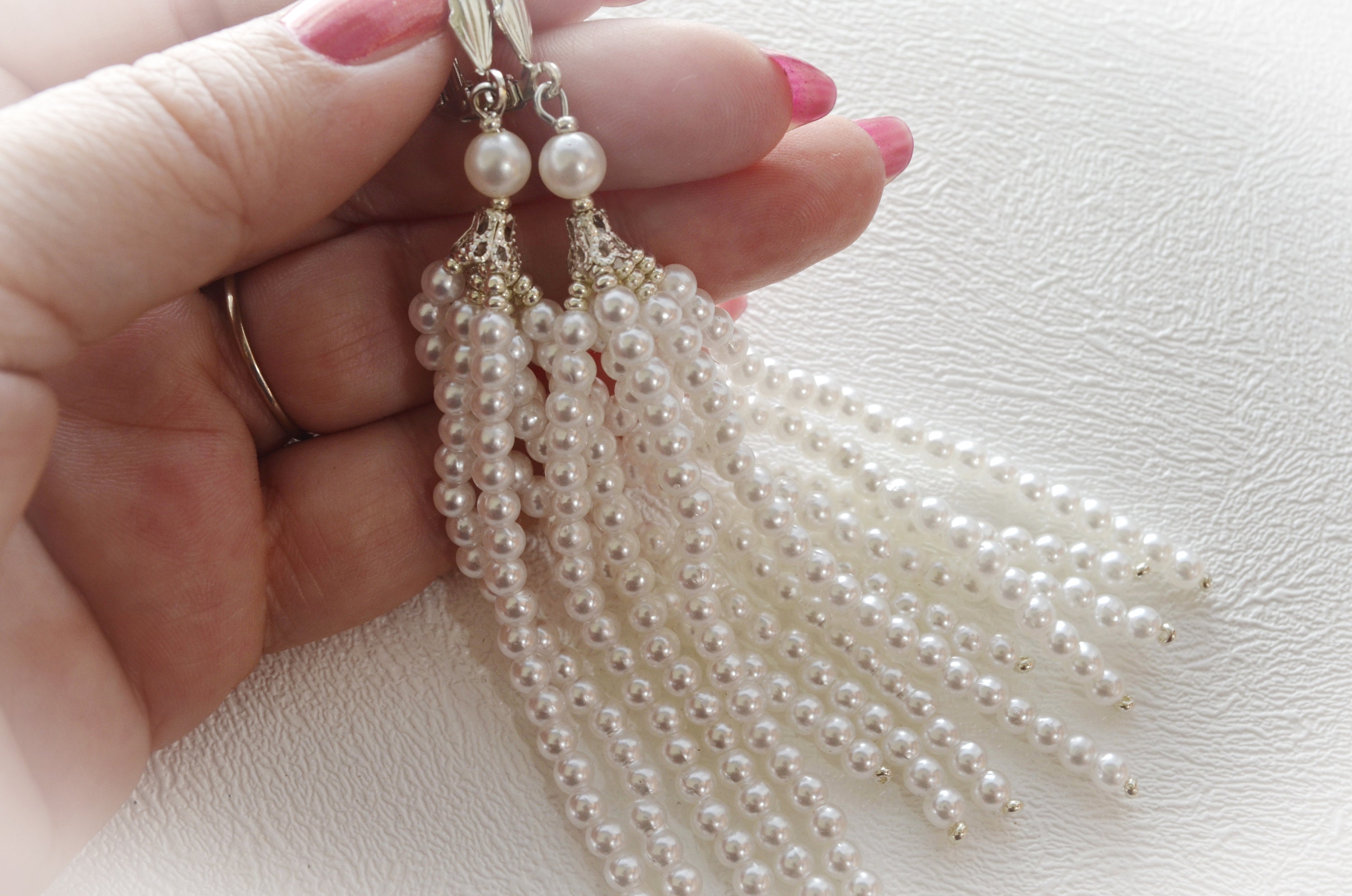 White Pearl Tassel Earrings Beaded Long Dangle Earrings Etsy