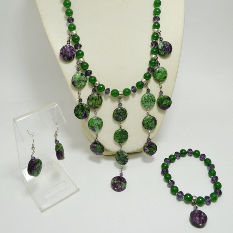 Beaded Gemstone Set Natural Ruby Zoisite Green and Purple Unique One of a Kind Artisan Jewelry Gift Chrysoprase Necklace Bracelet Set of 3