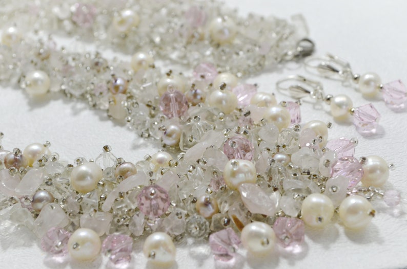 Pink Beaded Jewelry Set Pearl Pink Quartz and Crystal Etsy