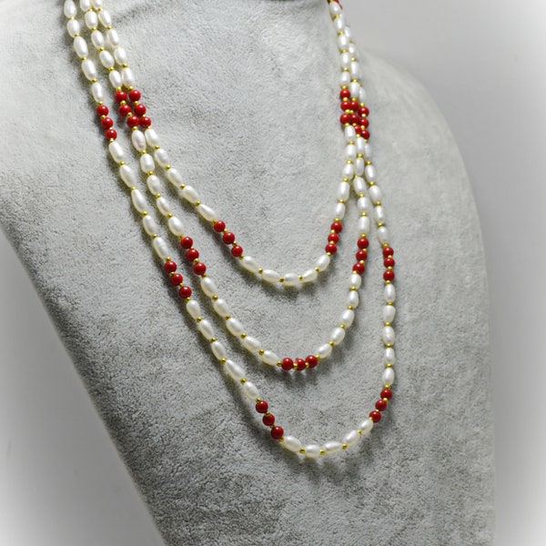 Beaded Coral and Pearl Necklace, Freshwater Pearl Jewelry, Multi-strand Layered Necklace, White and Red Artisan Jewelry, Christmas Gift