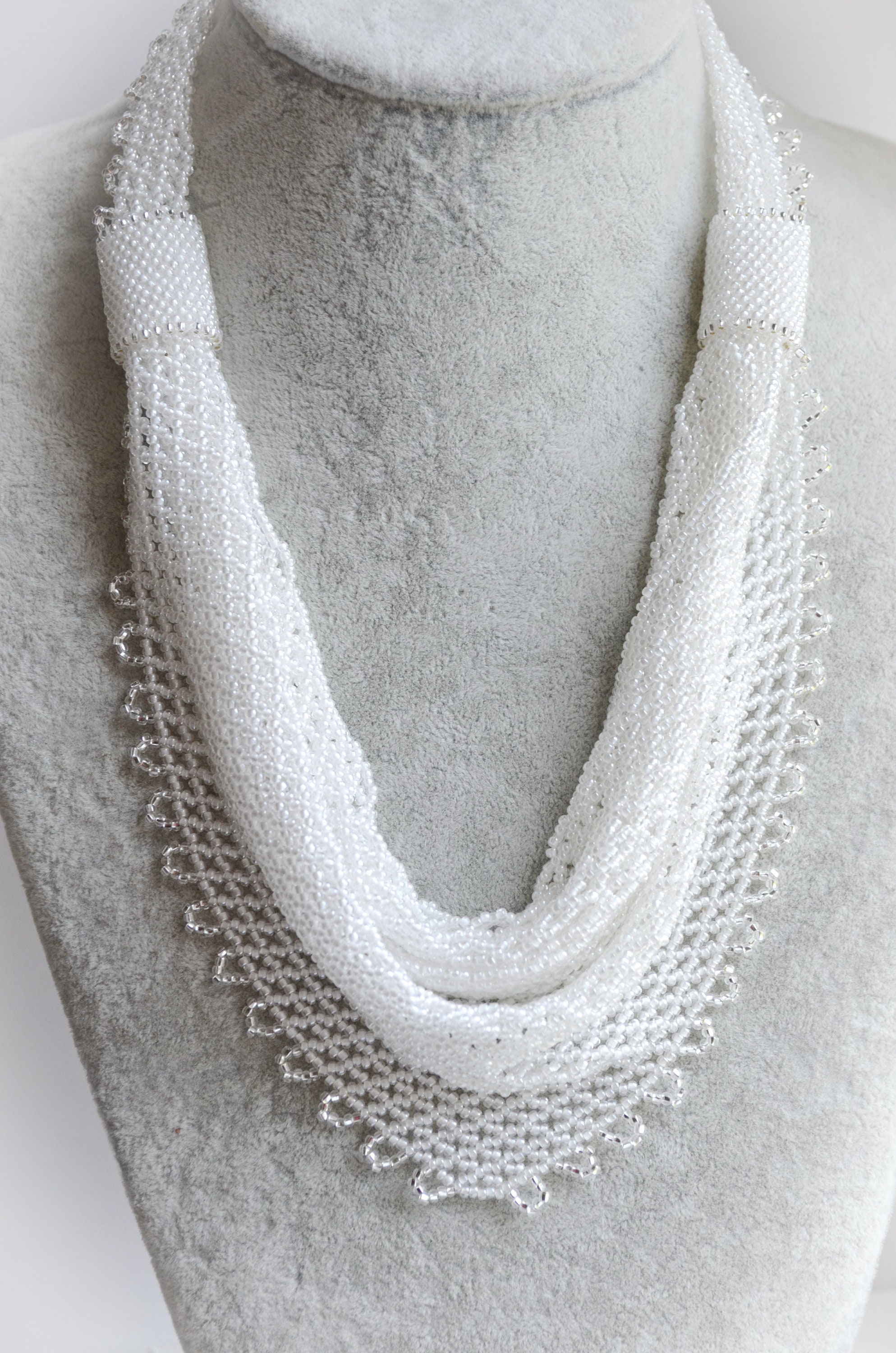 White Beaded Bib Necklace Chunky Seed Bead Necklace Etsy