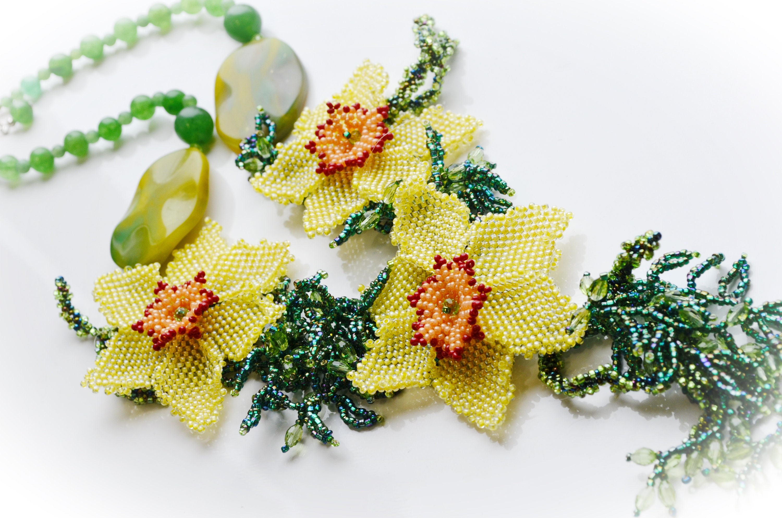 Yellow Floral Necklace Daffodil Flower Necklace Beaded Etsy