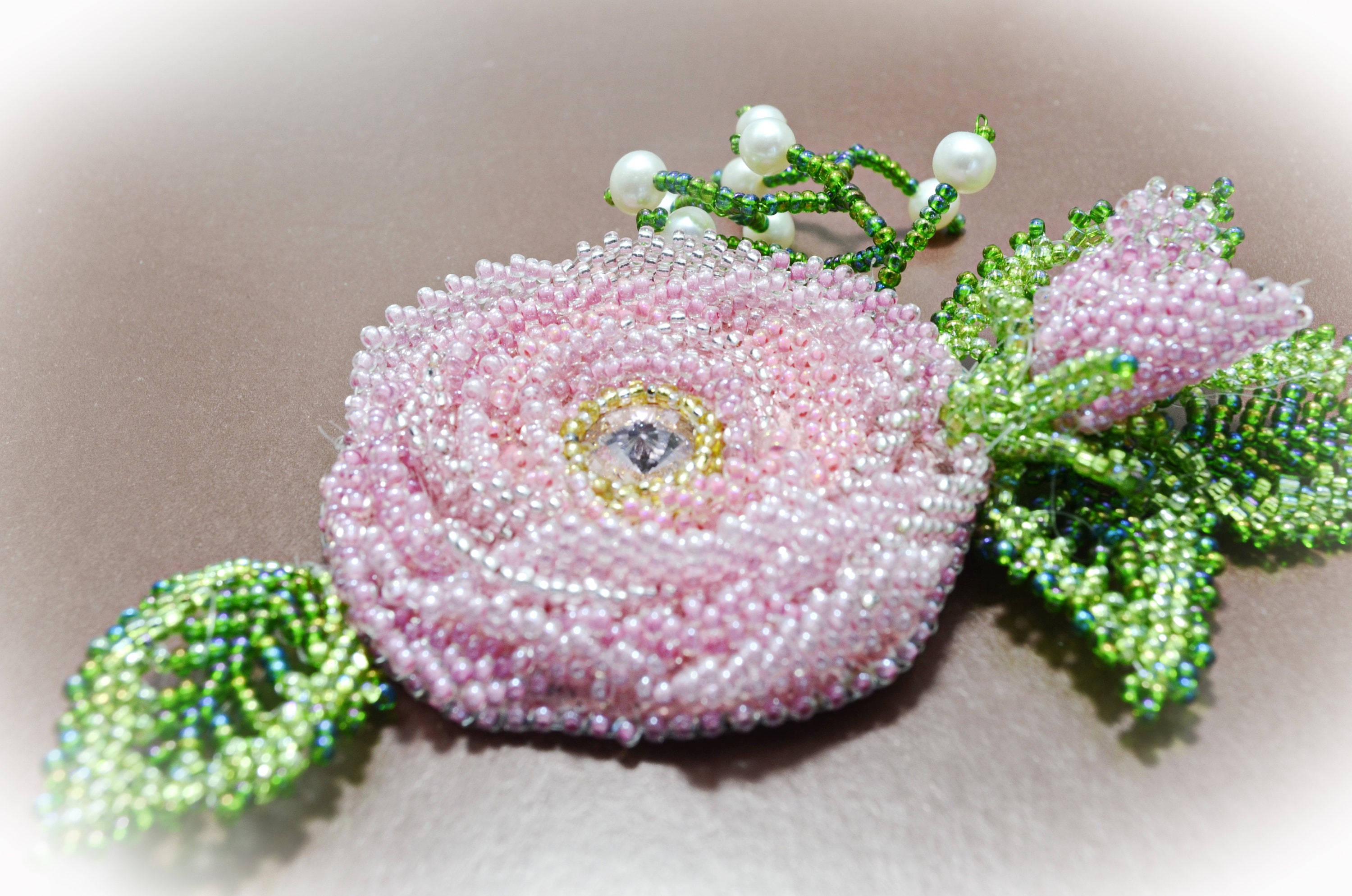 Pink Floral Brooch Beaded Brooch Pin Flower Rose Bead Woven Etsy
