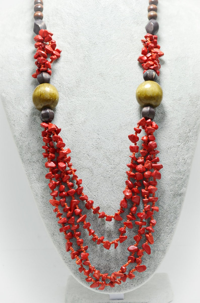 Red Coral Beaded Necklace Long Layered Necklace Multi Strand Long Necklace Natural Red Coral Beaded Artisan Jewelry Gifts for Mom
