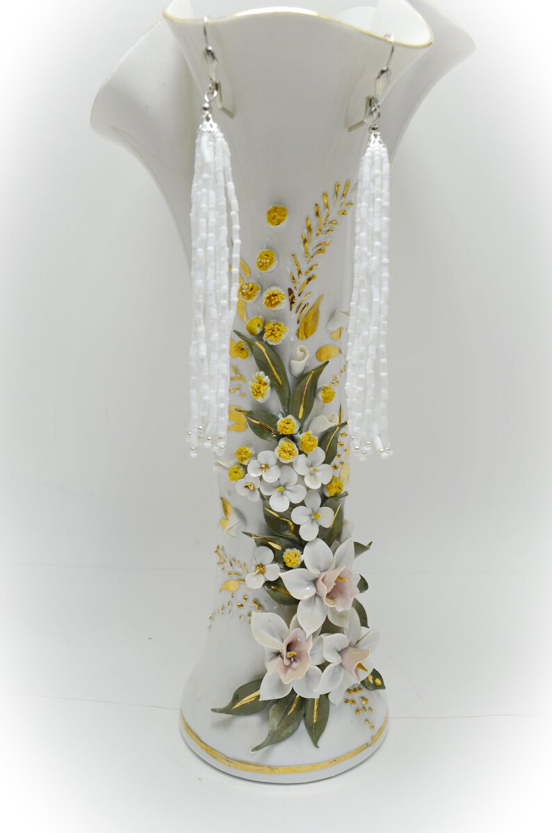 White Long Tassel Earrings Beaded Dangle Earrings Wedding Etsy