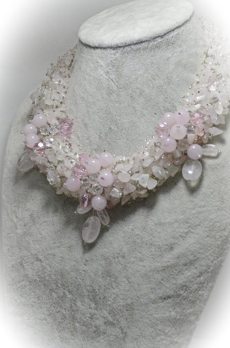 Rose Quartz Beaded Jewelry Set Pink Quartz Crystal Collar Etsy