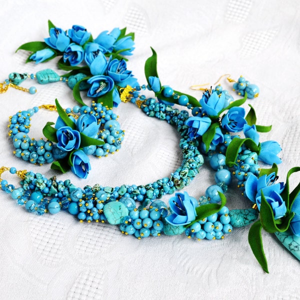 Blue Beaded Floral Necklace Turquoise Crystal Jewelry Set of 3 Multi Strand Flower Pendant Necklace, Bracelet Beach Wedding Artisan Jewelry