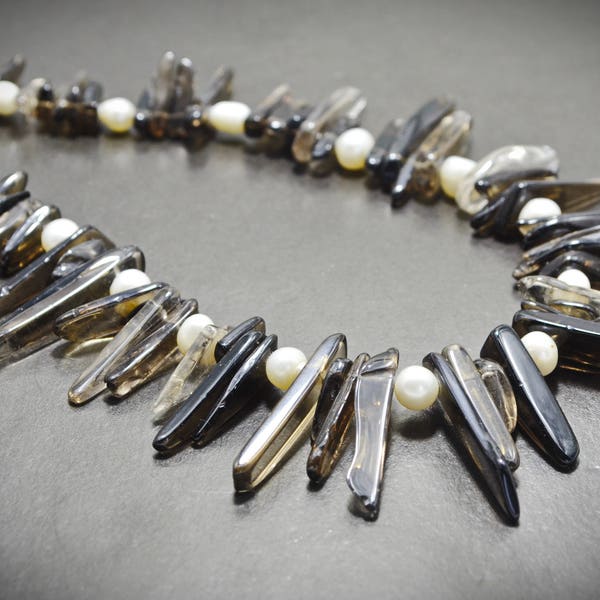 Smoky Quartz Necklace Quartz and Pearl Necklace Natural Gemstone Jewelry Ethnic Necklace Healing Gemstone Necklace Brown and White Necklace