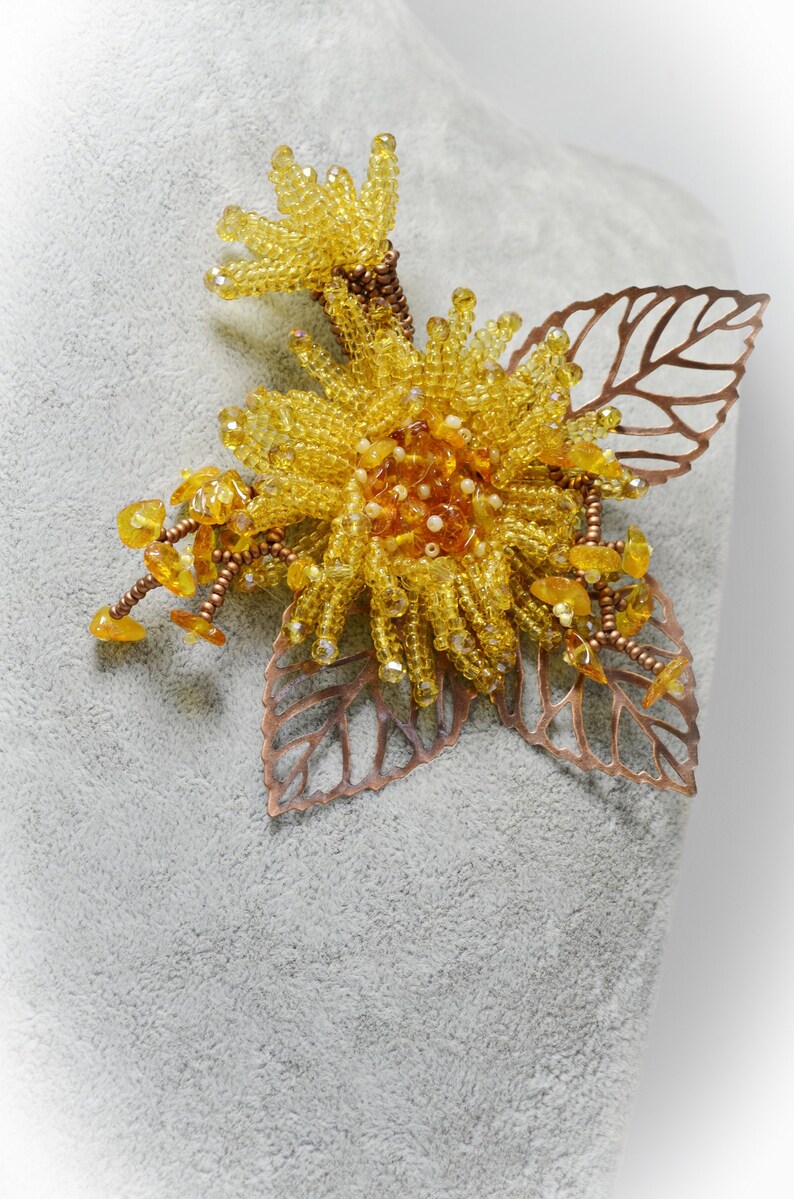 Amber Flower Brooch Pin Yellow and Copper Beaded Floral Aster Etsy