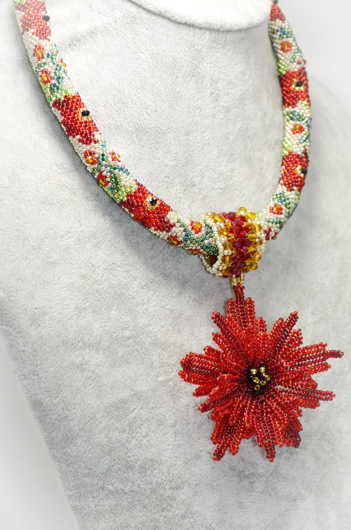 Beaded Floral Poinsettia Necklace Hand Woven Red Poinsettia | Etsy