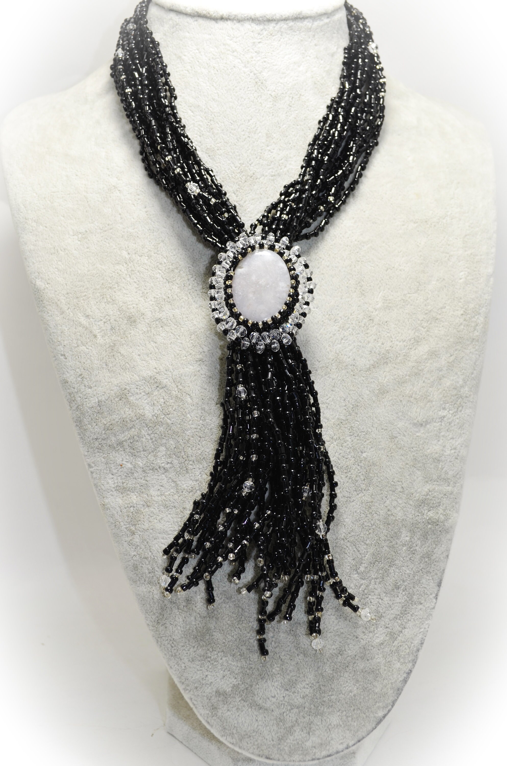 Black Beaded Y Necklace Multistrand Lariat Necklace Bolo Tie Etsy