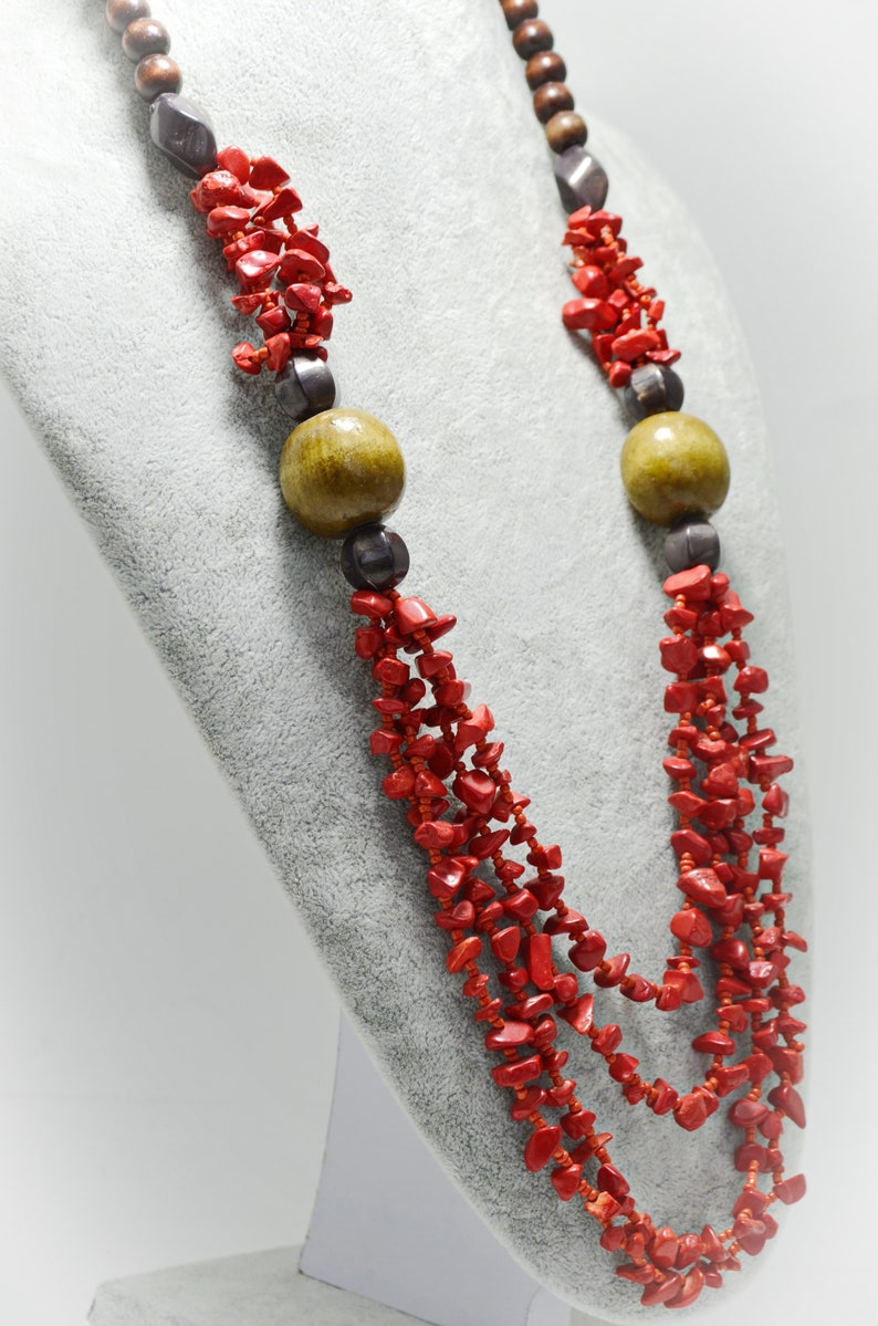 Red Coral Beaded Necklace Long Layered Necklace Multi Strand Long Necklace Natural Red Coral Beaded Artisan Jewelry Gifts for Mom