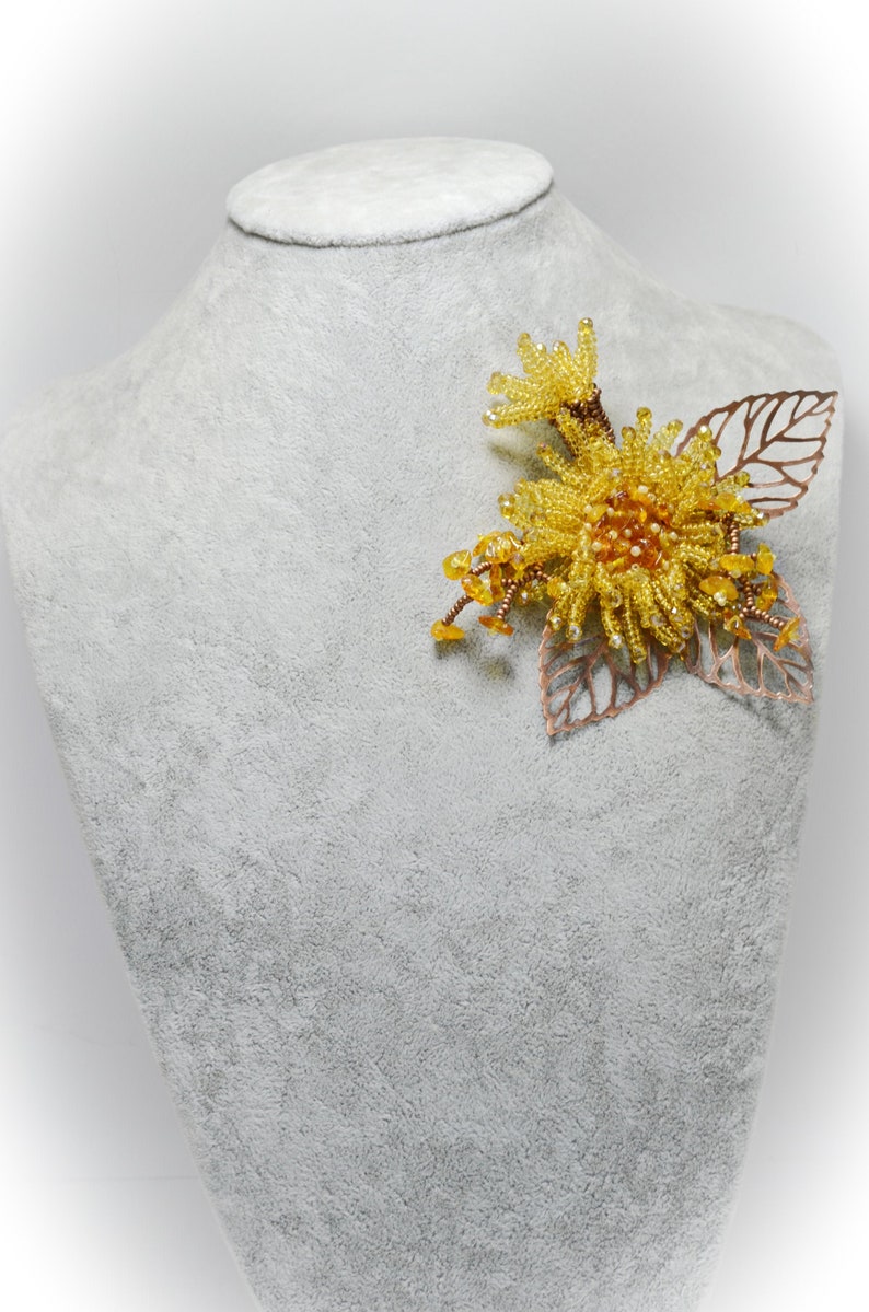 Amber Flower Brooch Pin Yellow and Copper Beaded Floral Aster Etsy