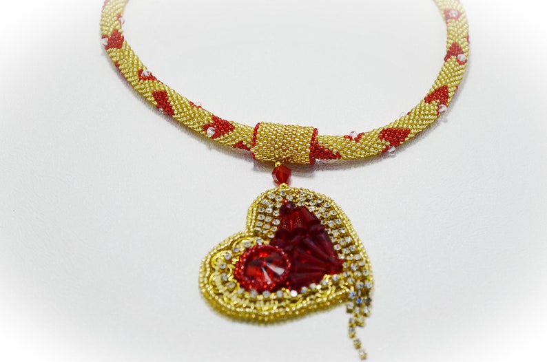 Red Heart Pendant Necklace Red and Gold Necklace Beaded Rope Etsy