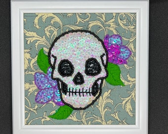 Embroidered Hand Beaded Skull with purple flowers